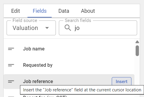 The Fields panel with an active search.