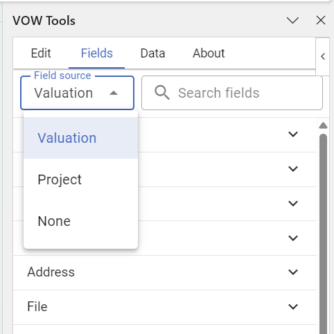 The Fields panel with an active search.