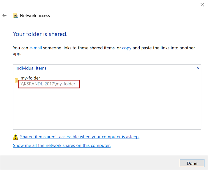 The Network access dialog showing the shared folder's network path.
