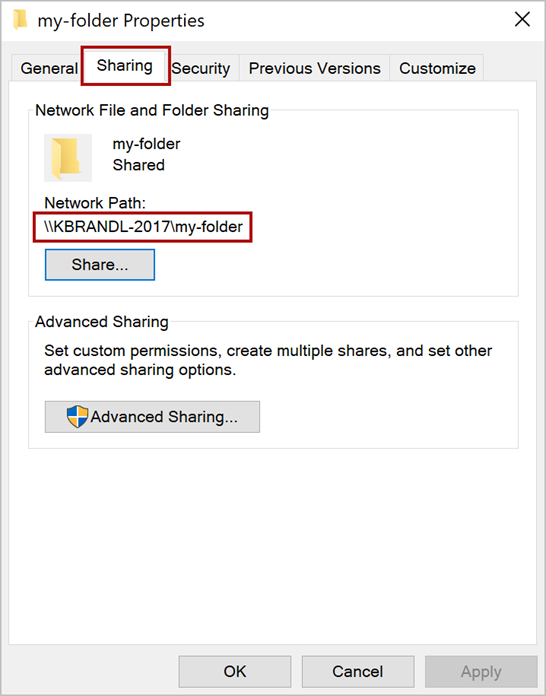 The folder Properties dialog showing the network path.