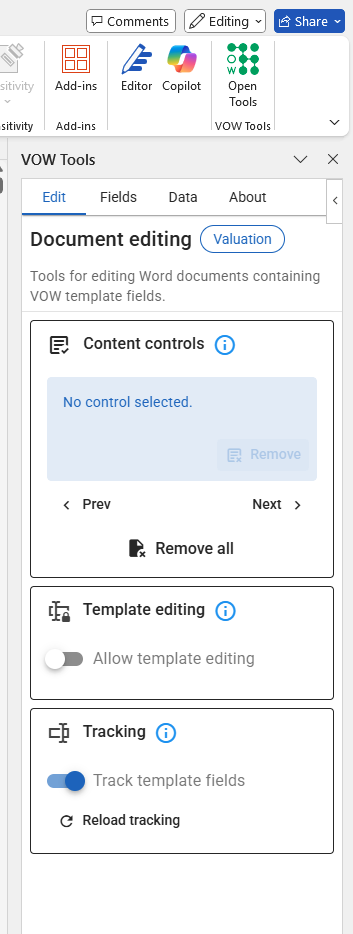 The Word ribbon showing the VOW Tools add-in button and sidebar.