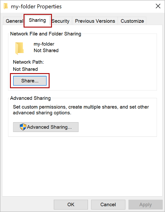 The folder Properties dialog, with the Sharing tab and Share button highlighted.