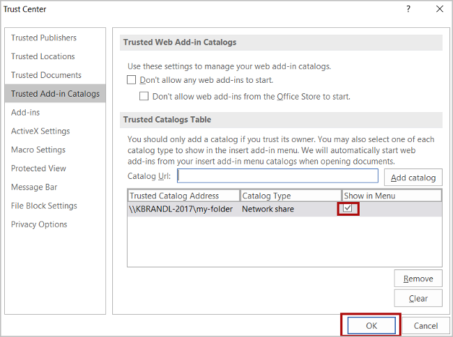 The Trust Center dialog showing the Trusted Add-in Catalogs settings.