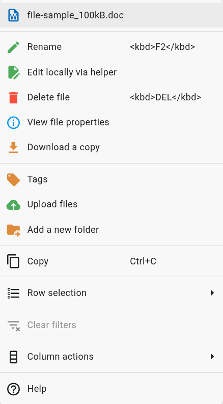 Context menu for a document file