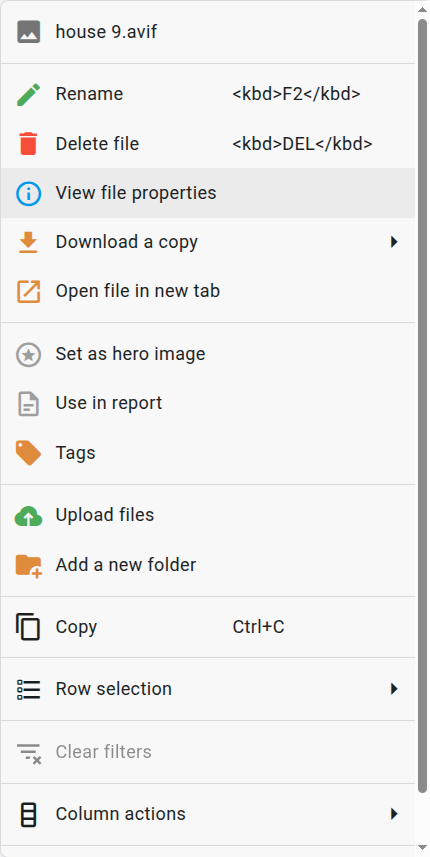 Context menu for an image file