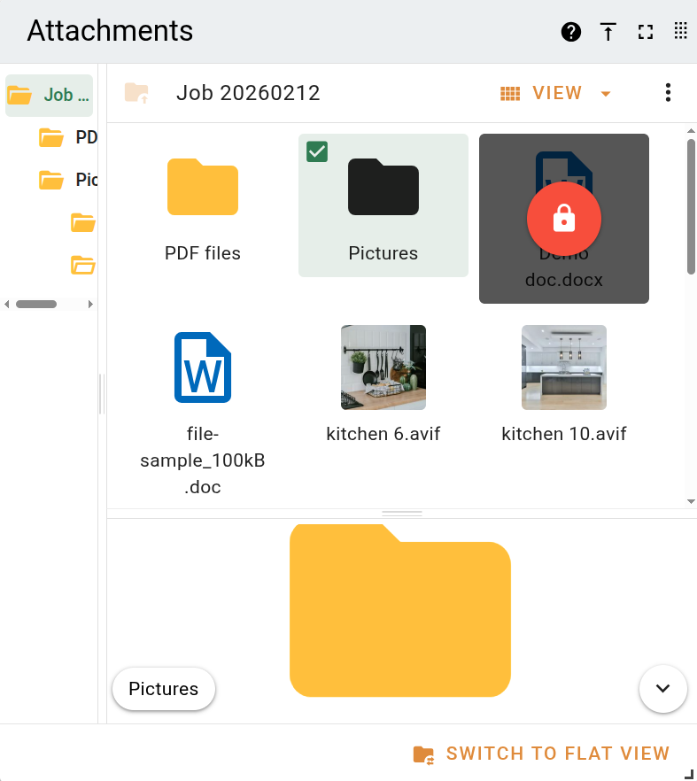 Folder view with the side panel repositioned below the current folder pane