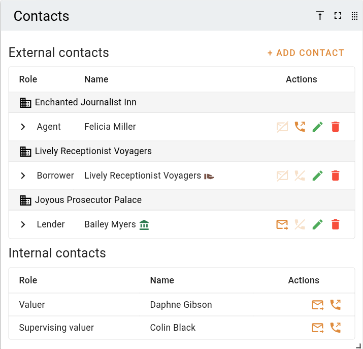 Contacts panel on a job