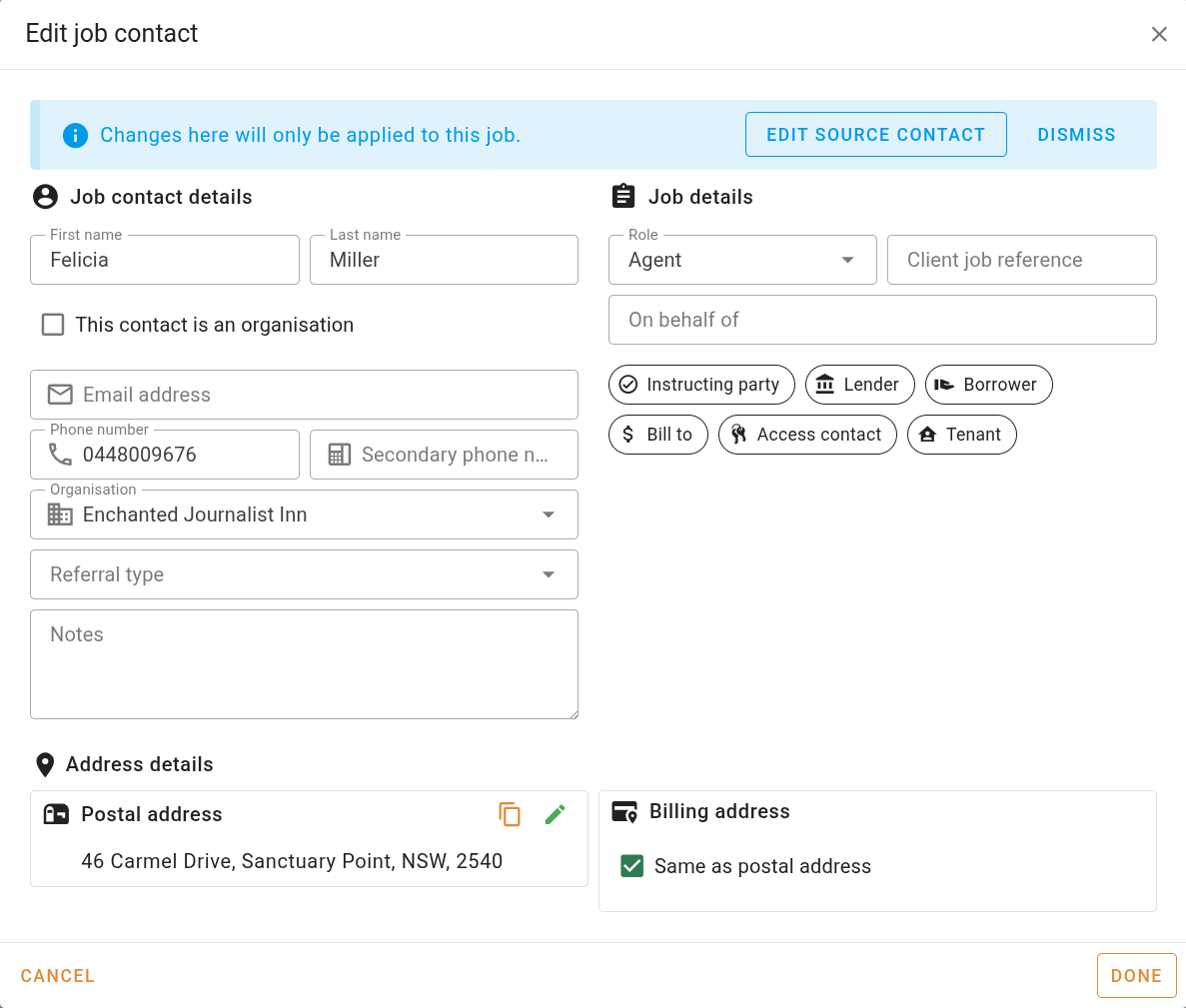 Edit contact dialog