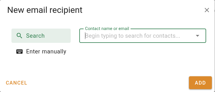 New email recipient dialog