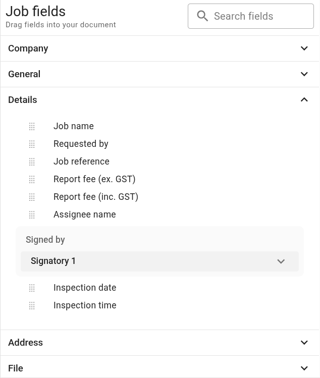 Template fields panel