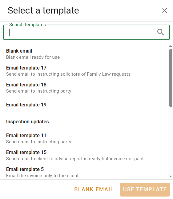 Select a template dialog