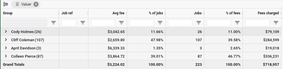 Income report grid, grouped by valuer