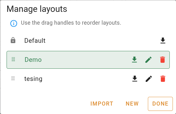 Manage layouts dialog