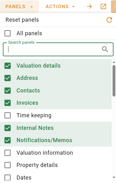 Panels menu