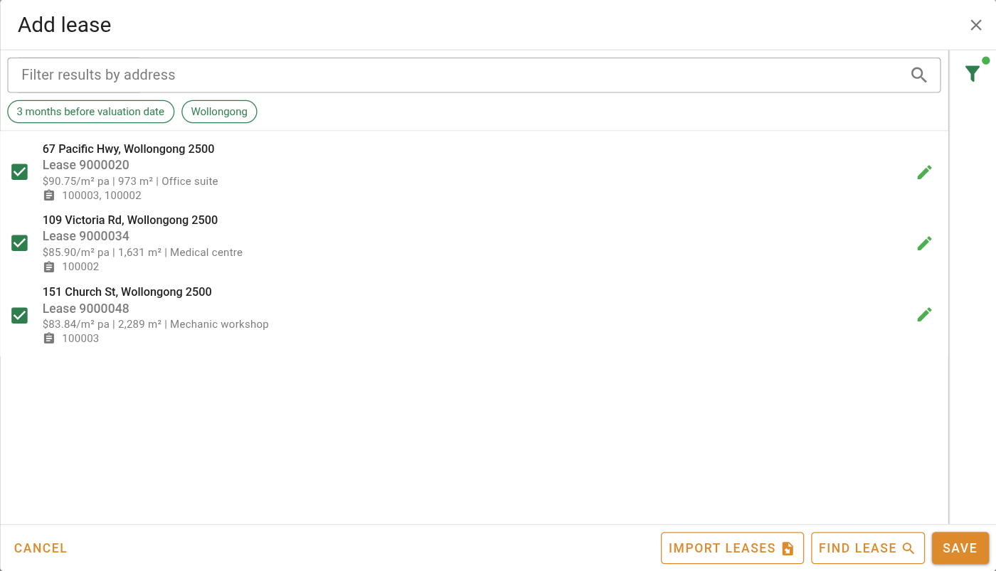 Add lease dialog with the filters panel closed and the green filter dot showing