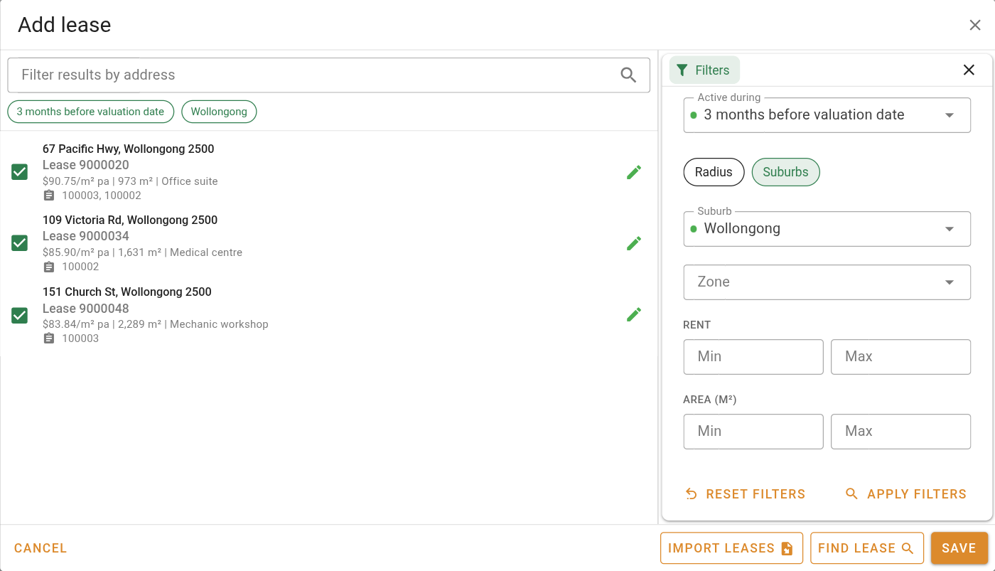 Add lease dialog with the filters panel open