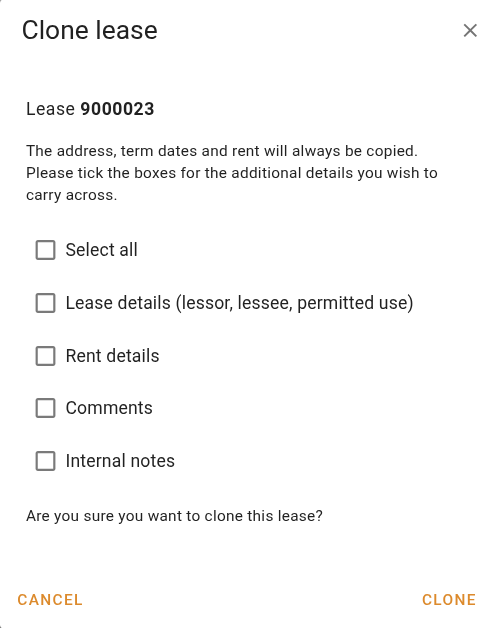 Clone lease dialog