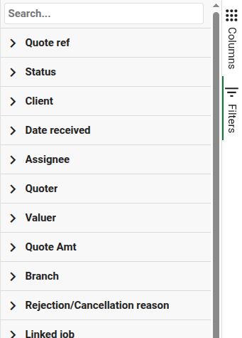 Quotes table filter panel