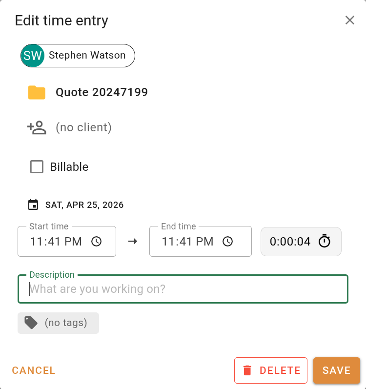 Edit time entry panel