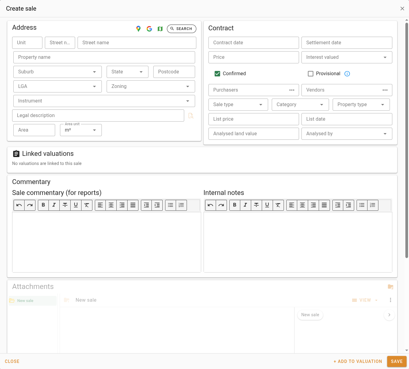 Sale creation dialog