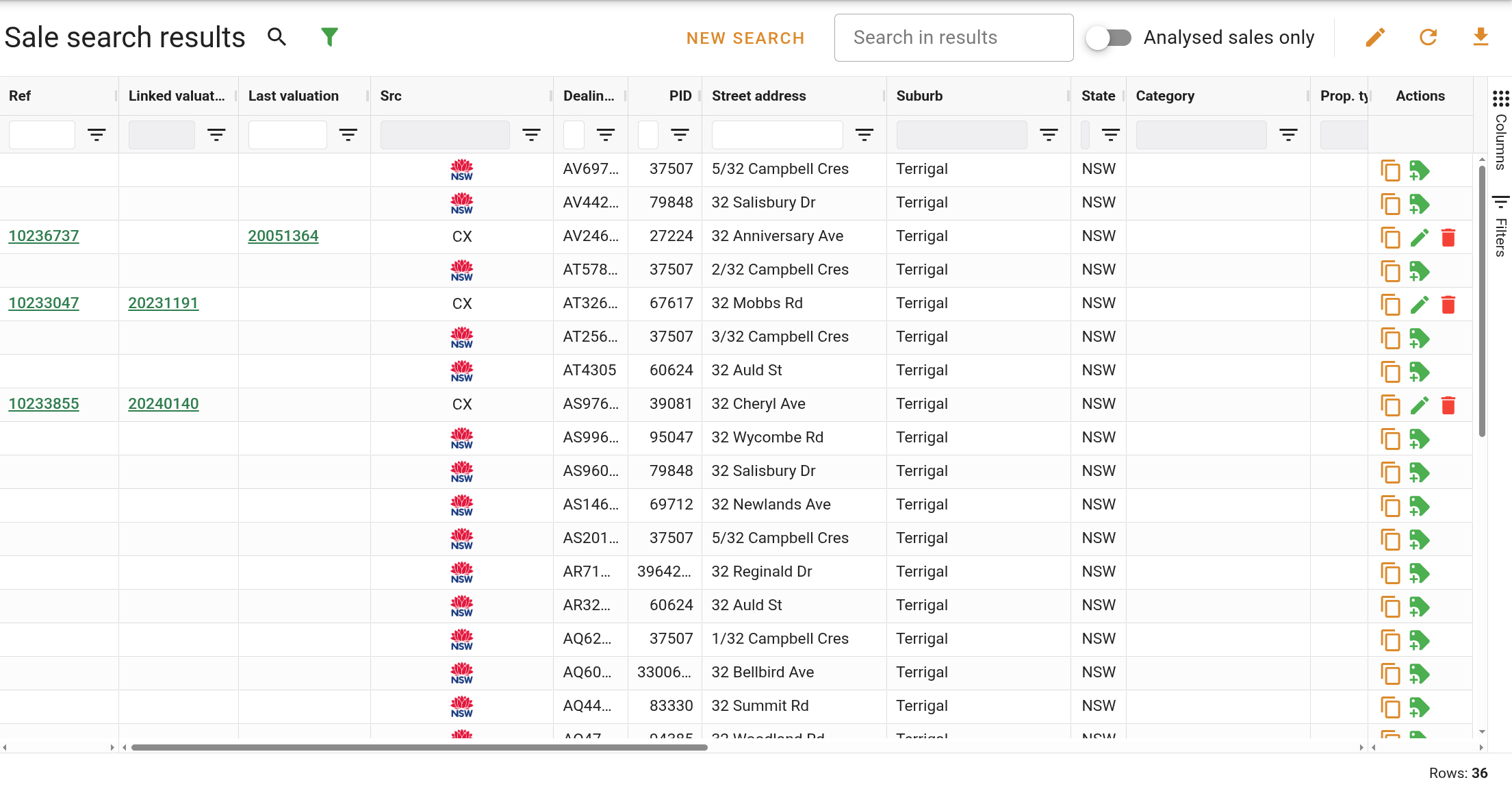 Sales search results