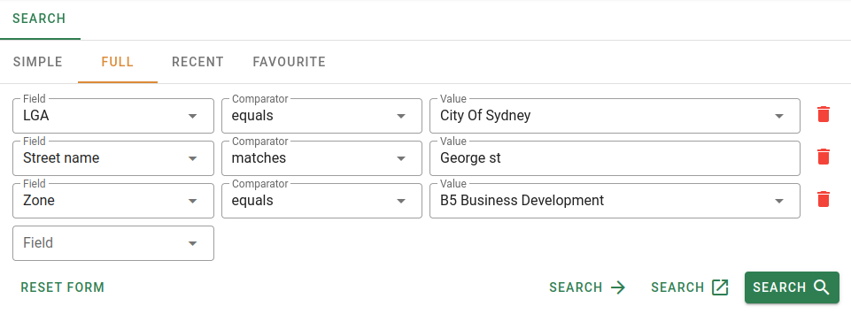 Full search form with criteria entered