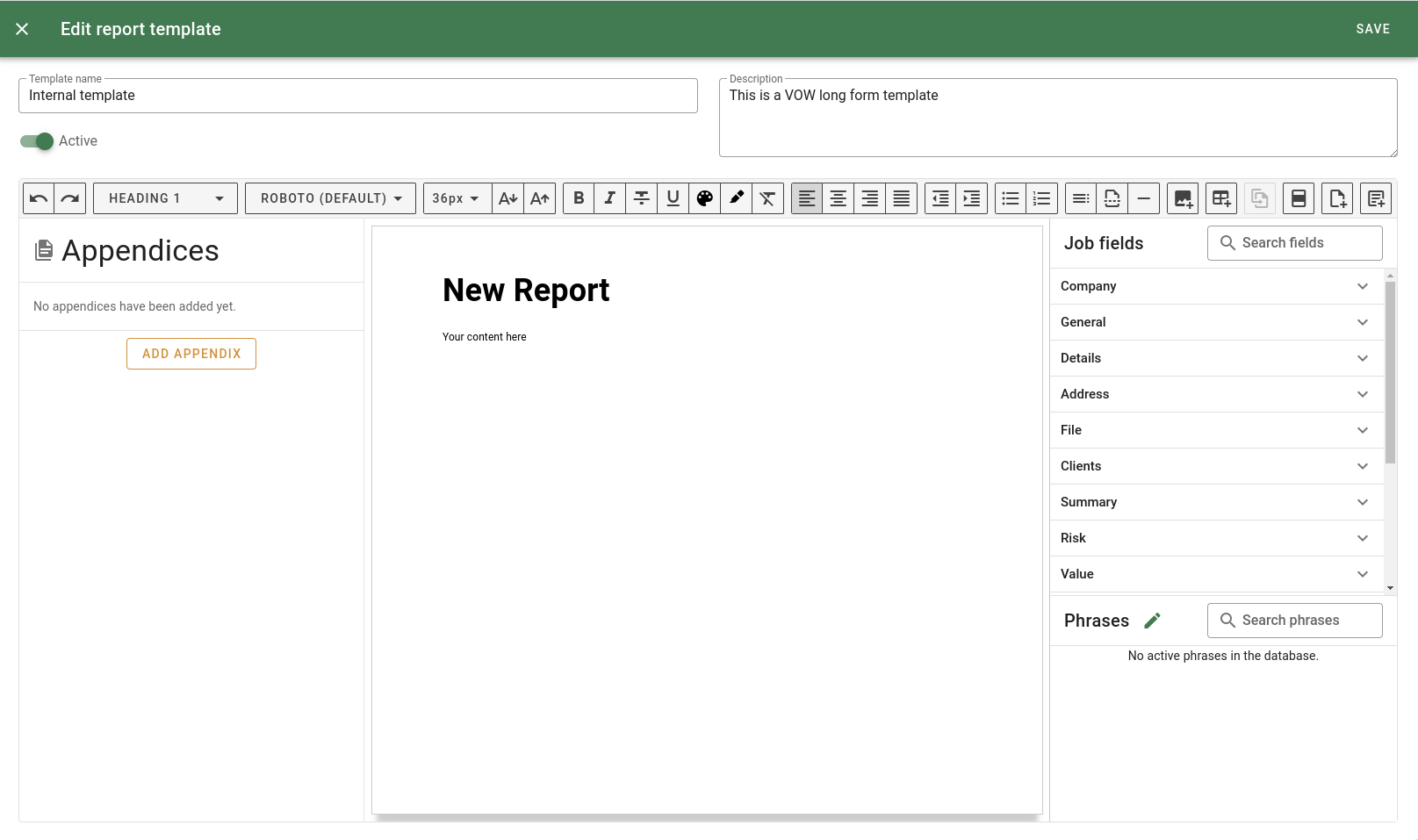 New internal report template