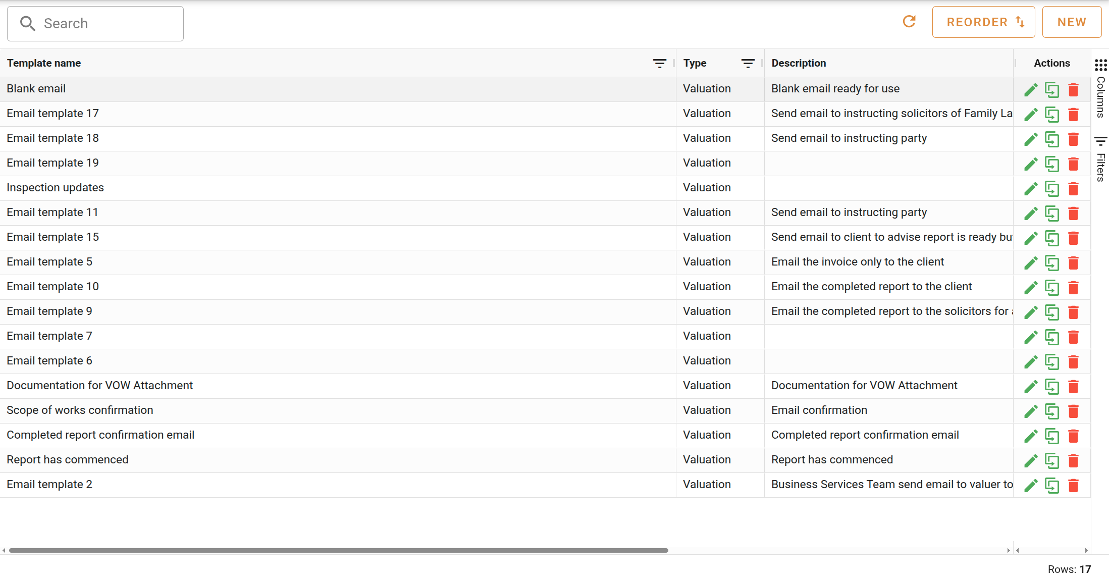 Email templates list