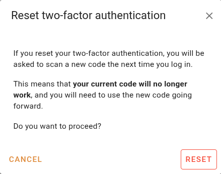 Reset 2FA confirmation