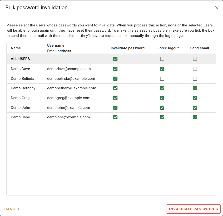 Bulk password invalidation dialog