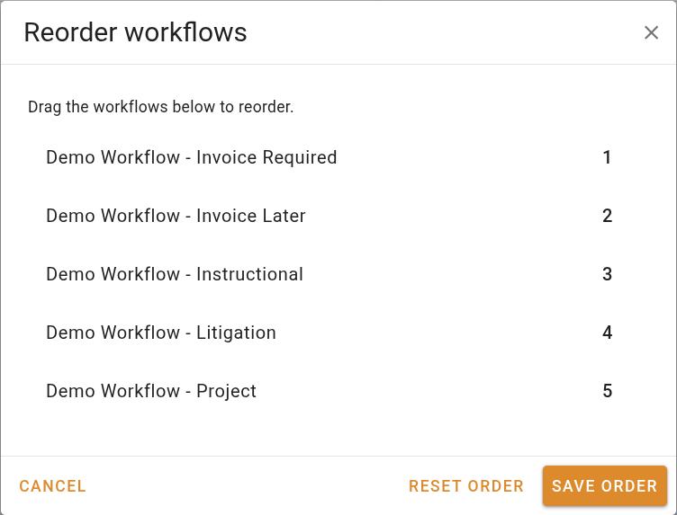 Reorder workflows dialog