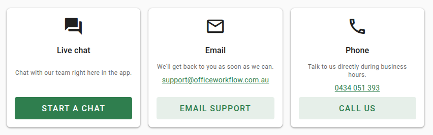 The contact support page with live chat, email, and phone options