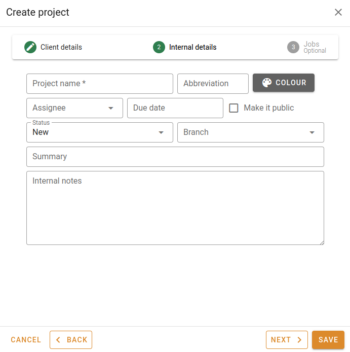 Project creation step 1