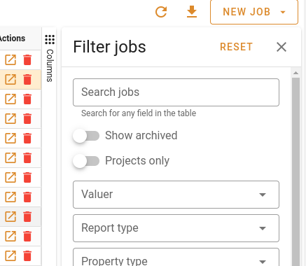 Valuation table filter