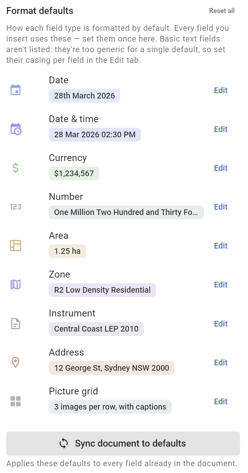 The Format defaults section in the Settings panel.